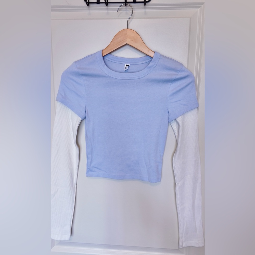 BP Nordstrom Rack Light Blue Short-Sleeve Over White Layered Long Sleeve Top S